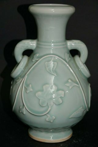 Stunning Chinese Longquan Celadon Glaze Peony Vase - Seal Mark Elephant Handles
