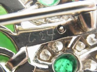 Natural Jadeite Jade Emerald Diamond Enamel Platinum Gold Pin Antique Art Deco 10