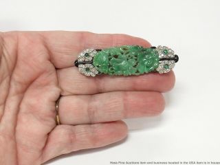 Natural Jadeite Jade Emerald Diamond Enamel Platinum Gold Pin Antique Art Deco 12