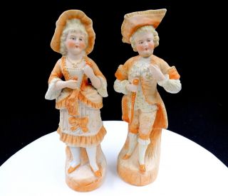 German Porcelain Bisque Victorian Couple In Finery 9 1/4 " Figurines