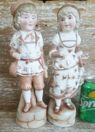 Antique German Porcelain Bisque Figurine Pair Boy & Girl Large 12.  5 " Rose Gold