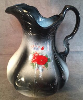 Antique 1890 Ironstone Water Pitcher Made In England Black With Red Roses