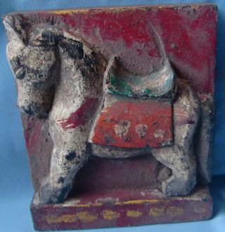 Old Wood Hand Carved Horse Animal Painted Statue Wall Hanging Decor Panel India