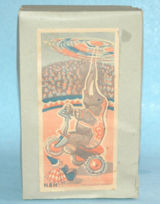 Illustrated Box Only Nbn Western Germany Tin Circus Elephant On Tricycle 8 1/2 "