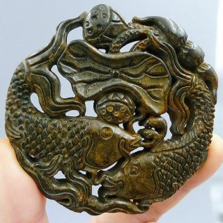 Chinese Natural Old Jade Plate Jadeite Amulet Pendants Hand Carved Double Fish 2