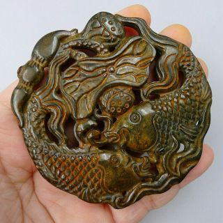Chinese Natural Old Jade Plate Jadeite Amulet Pendants Hand Carved Double Fish 4