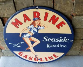 Vintage Seaside Gasoline Porcelain Marine Pinup Gas Service Pump Plate Sign