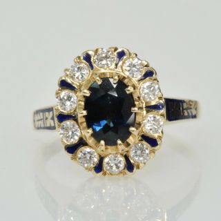 Antique Vintage 18k Yellow Gold Enemaled Blue Sapphire & 1/2ctw Diamond Halo