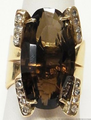 Massive 14ct Smoky Quartz Diamond 14k Gold Ring Vintage Retro Deco Statement