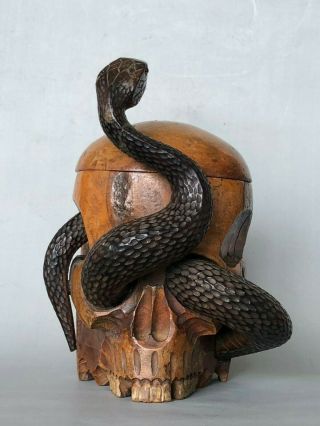 Antique Japanese Meiji Wooden Carved Tobacco Box Skull Snake Glass Eyes