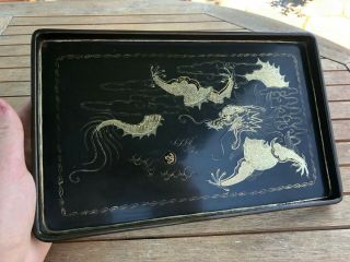Antique 1920s Chinese / Oriental Black Lacquer Tray - Dragon Design