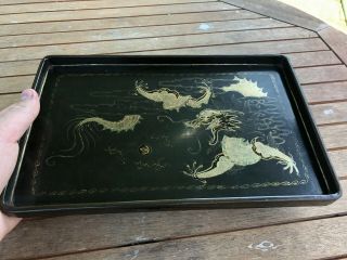 ANTIQUE 1920S CHINESE / ORIENTAL BLACK LACQUER TRAY - DRAGON DESIGN 2