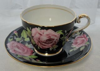 Vintage Aynsley England Bone China Tea Cup & Saucer Pink Cabbage Roses On Black