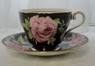 Vintage AYNSLEY England Bone China TEA CUP & SAUCER Pink Cabbage Roses on Black 2