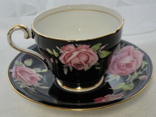 Vintage AYNSLEY England Bone China TEA CUP & SAUCER Pink Cabbage Roses on Black 3