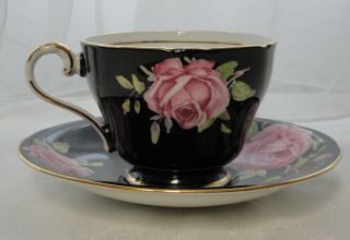 Vintage AYNSLEY England Bone China TEA CUP & SAUCER Pink Cabbage Roses on Black 4