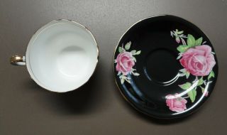 Vintage AYNSLEY England Bone China TEA CUP & SAUCER Pink Cabbage Roses on Black 5