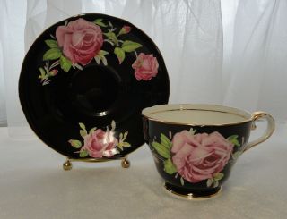 Vintage AYNSLEY England Bone China TEA CUP & SAUCER Pink Cabbage Roses on Black 7