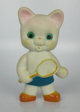 Vintage 5 1/2 " White Cat Kitten Playing Tennis Rubber Squeaker Bath Toy Taiwan