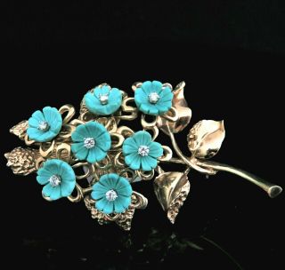 Vintage Diamond Carved Turquoise Flowers 14k Yellow Gold Spinner Brooch Retro