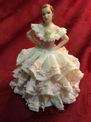 Irish Dresden Muller Volkstedt Porcelain Lace Figurine Lady Pink Ruffled Dress