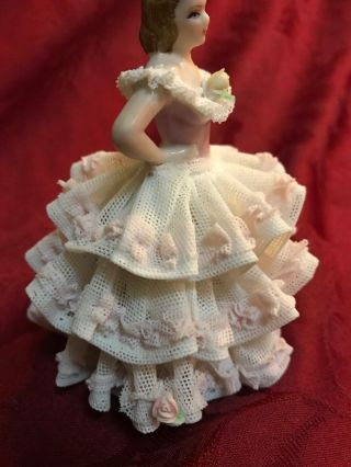 Irish Dresden Muller Volkstedt Porcelain Lace Figurine Lady Pink Ruffled Dress 2