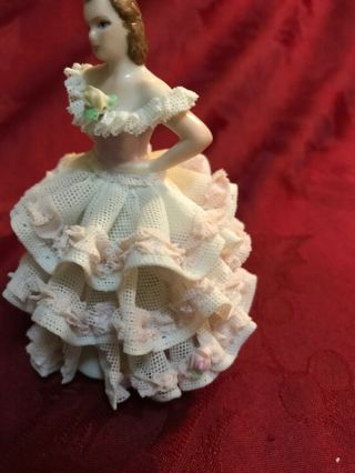 Irish Dresden Muller Volkstedt Porcelain Lace Figurine Lady Pink Ruffled Dress 5