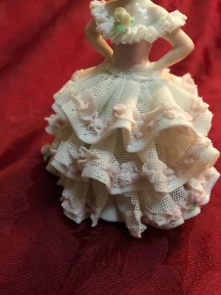 Irish Dresden Muller Volkstedt Porcelain Lace Figurine Lady Pink Ruffled Dress 6