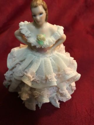 Irish Dresden Muller Volkstedt Porcelain Lace Figurine Lady Pink Ruffled Dress 8