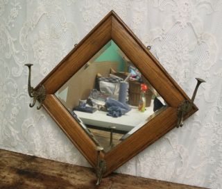 Antique Oak 19 1/2 " Square Beveled Mirror Hall Mirror With Coat Hooks