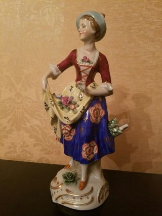 Vintage Sitzendorf Porcelain Woman Figurine Gathering Flowers In Apron
