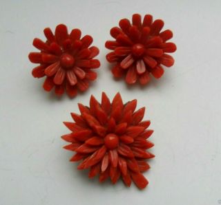 Antique Vintage Natural Red Coral Flowers Brooch & Clip Earrings Set