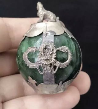 Very Ancient Tibetan Green Jade Animal On Top Sliver Perfume Bottle 2