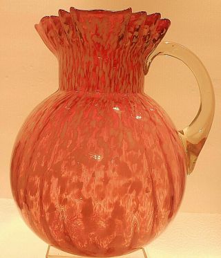 Antique 1880s - 1910 Phoenix Cranberry Opalescent Spatter Glass Ribbed Pitcher