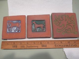 Mercer/moravian Bucks County Pa Pottery 3 Tiles Dog Horse Griffin Redware 3.  5 "