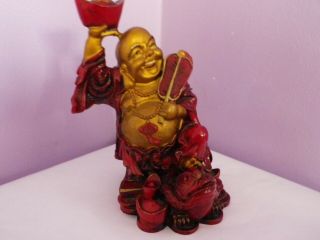 Fab Vintage Chinese Resin Buddha Figure Stood On Toad & Money Bag 14.  5 Cms Tall