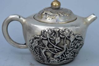 China Collectable Handwork Miao Silver Carve Goldfish Lotus Auspicious Tea Pots
