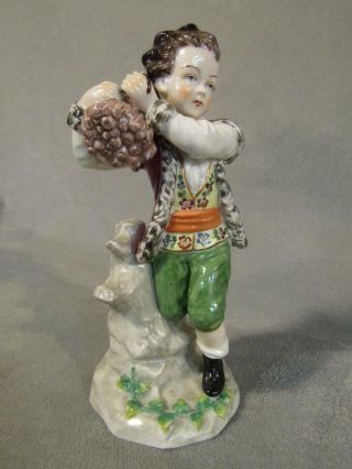 Antique German Sitzendorf Porcelain 7 " Figurine - Boy Carrying Wood