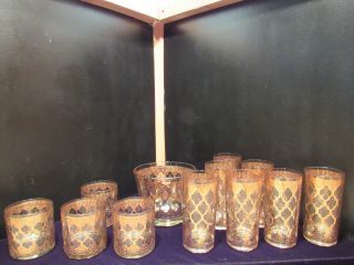Vintage Culver 22k Gold Ice Bucket/7 Tumblers And 4 Whiskey Glasses Valencia