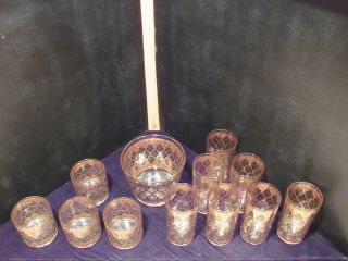 Vintage Culver 22K Gold Ice Bucket/7 Tumblers and 4 Whiskey Glasses Valencia 2