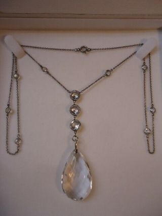 Astonishing Rare Silver Vintage Art Deco Rock Crystal Pendant Necklace 24 ",  Box