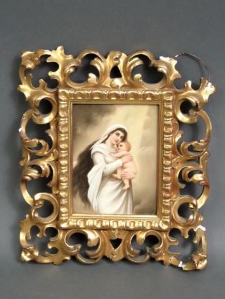 Antique Madonna & Child Baby Jesus Framed Painting On German Porcelain Plaque