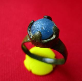 Blue Glass Stone.  Museum Quality Ancient Roman Bronze Ring.