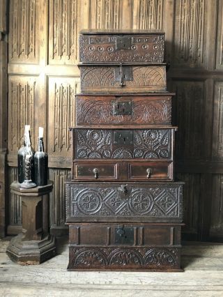 A 17th Century Carved Oak Bible Box. 4