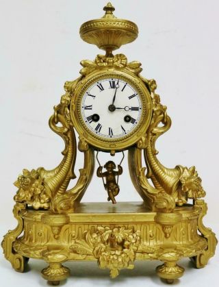 Antique French Gilt Metal 8 Day Farcot Swinging Cherub Portico Mantel Clock