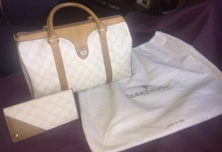 Gucci Rare Vintage Boston Doctor Handbag And Wallet/white Signature Leather