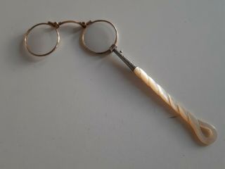 Antique Folding Lorgnette Silver,  Gilding Handle Mother Of Pearl 19th Century.