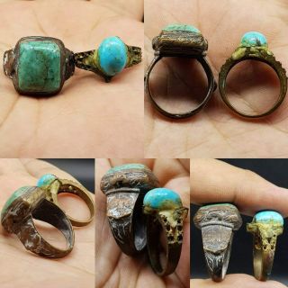 Roman Ancient 2 Brass Rings With Turquoise Stones 24