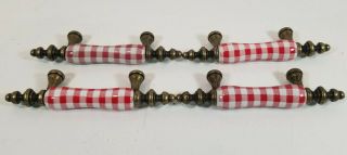 Vintage Red And White Enamel And Brass Gingham Checked Drawer Pulls Set Of 4