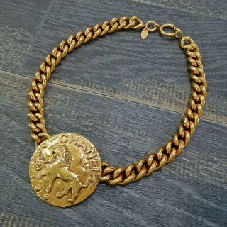 Chanel Gold Plated Cc Logos Lion Charm Vintage Necklace Choker 4319a Rise - On
